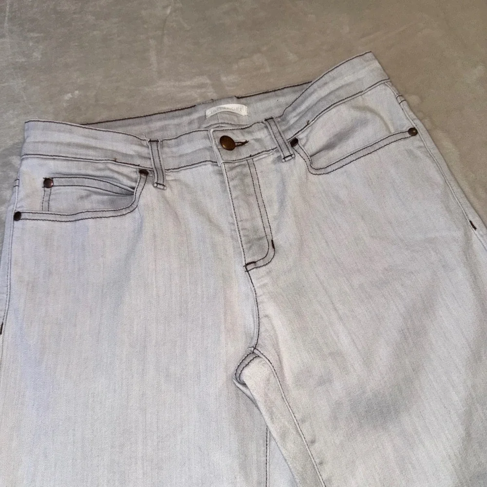 Eileen Fisher Womens Light Wash Straight Leg Contrast Stitch Jeans White Grey
